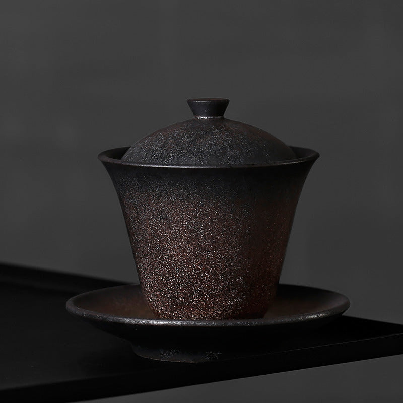 Gaiwan en grès pailleté d'or avec couvercle et soucoupe