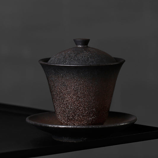 Gaiwan en grès pailleté d'or avec couvercle et soucoupe