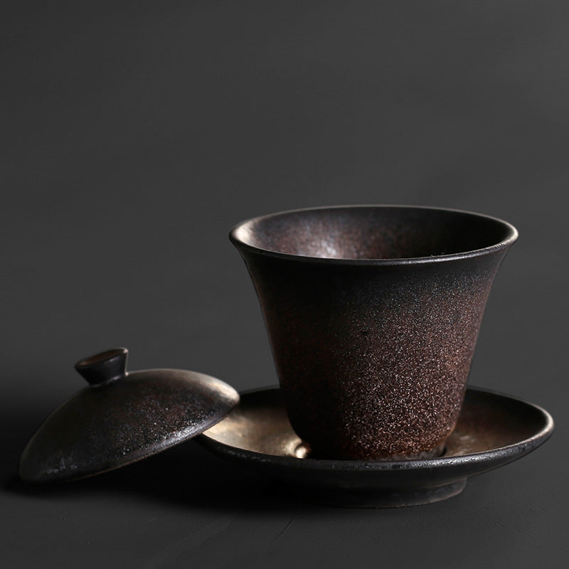 Gaiwan en grès pailleté d'or avec couvercle et soucoupe