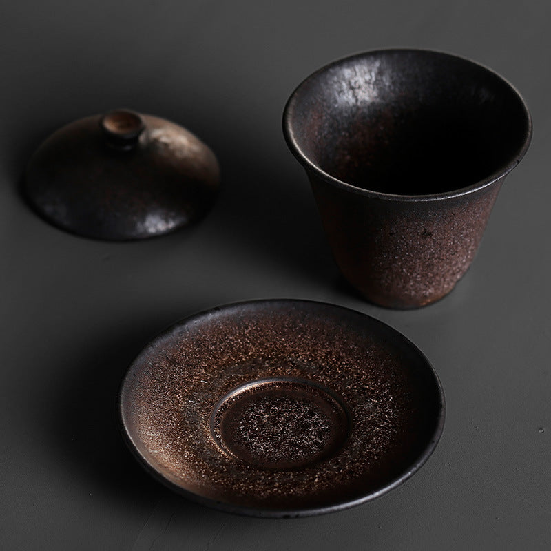 Gaiwan en grès pailleté d'or avec couvercle et soucoupe