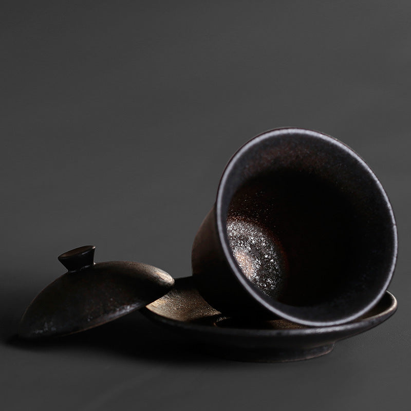 Gaiwan en grès pailleté d'or avec couvercle et soucoupe