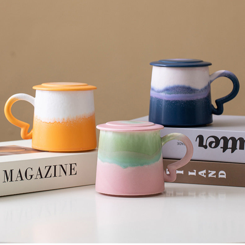 Mug artisanal "Aquarela" à l'émail réactif rose et vert